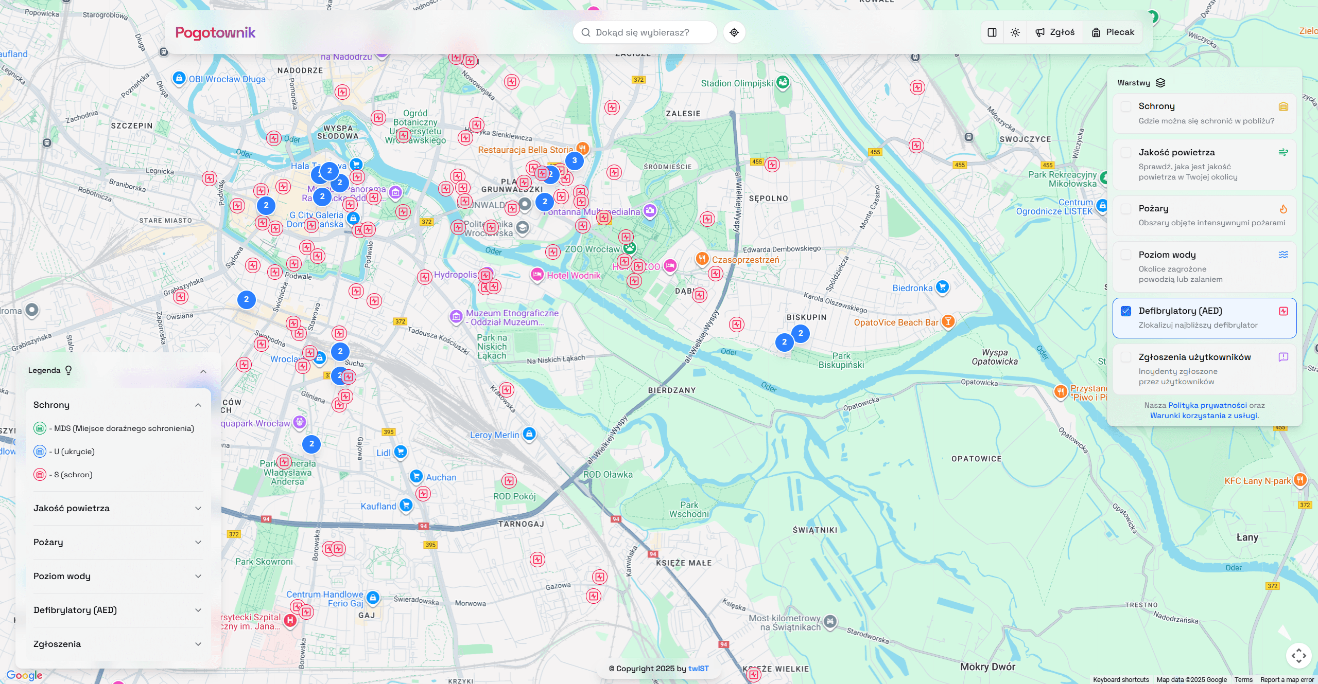 Aplikacja pogotownik - mapa - jasny motyw